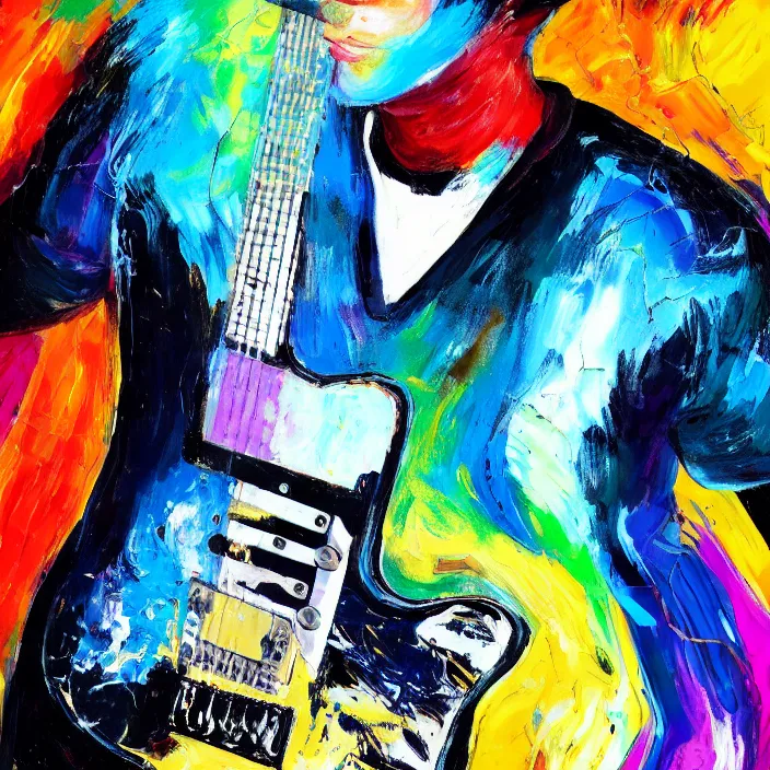 Image similar to abstract large swirly brush strokes painting of a young korean man wearing black v neck t shirt holding a telecaster!!! electric guitar!!, candid!! dark background, huge thick flowing dramatic brush strokes, matte colors, abstract, emotional masterpiece, impressionist, motion, trending on artstation