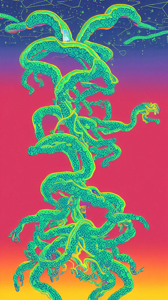 Image similar to a portrait of a lernaean hydra with human heads on an acid trip in a multicoloured rainbow in the cosmos, flat design, screen print by Kawase Hasui and dan hillier, 8k unreal engine