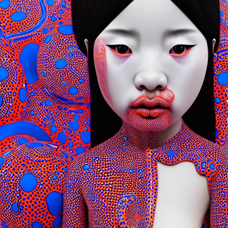 Image similar to hyperrealistic detailed image of a geisha in a art installation room, hd smooth interior by yayoi kusama, part by kei mieno, part by ross tran, dark art by james jean, ultra realistic, highly detailed, life like face, detailed body, 8 k, 3 d render by roger magrini, very cohesive, masterpiece