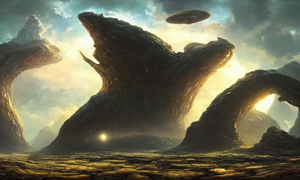 Prompt: the most beautiful landscape, oil painting, alien breathtaking landscape, giant spaceship, cinematic lighting, highly detailed, very realistic