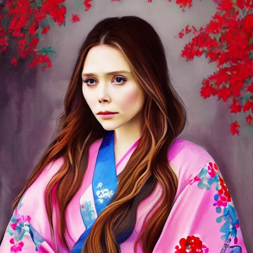 Image similar to Elizabeth Olsen as a young girl in kimono art drawn in art style of WLOP full HD 4K highest quality realistic beautiful gorgeous natural WLOP artist painting