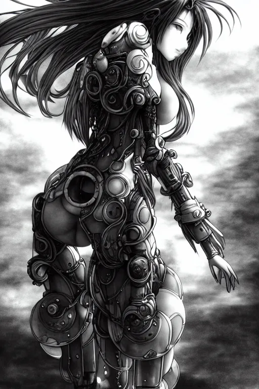 Image similar to a vertical portrait of a character in a scenic environment by Yoshitaka Amano, black and white, dreamy, cybernetic armor, wavy long black hair, highly detailed