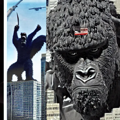 Image similar to george w bush as king kong fighting osama bin ladin as godzilla, george bush is fighting osama bin laden, in front of the world trade centers, with two airplanes in the sky