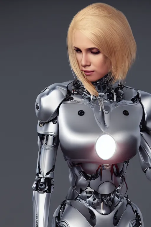 Image similar to a beautiful woman with blonde hair wearing robot suit with wires and light, highly detailed, photorealistic, artstation, smooth