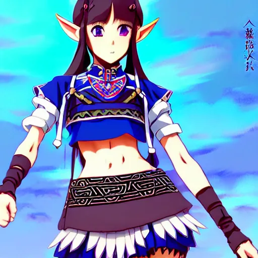 Image similar to a beautiful boyish zelda alluring gravure model, wearing japanese mayan street fashion school girl outfit with mayan pattern and native style, aztec street fashion, jrpg armor, perfect anime face, gapmoe yandere grimdark, trending on pixiv fanbox, painted by greg rutkowski makoto shinkai takashi takeuchi studio ghibli, akihiko yoshida