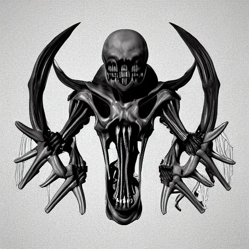 Image similar to 3d render of an old coat of arms with bones, skulls, xenomorphic skulls nerves and veins