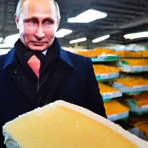 Image similar to close up of vladimir putin visiting a cheese market