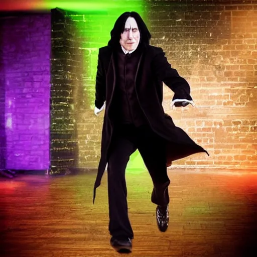 Prompt: Severus Snape dances hip hop in a bar, neon, realistic, full body, very detailed, super realistic, dramatic