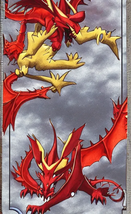 Prompt: pokemon card trading fantasy card of a red dragon