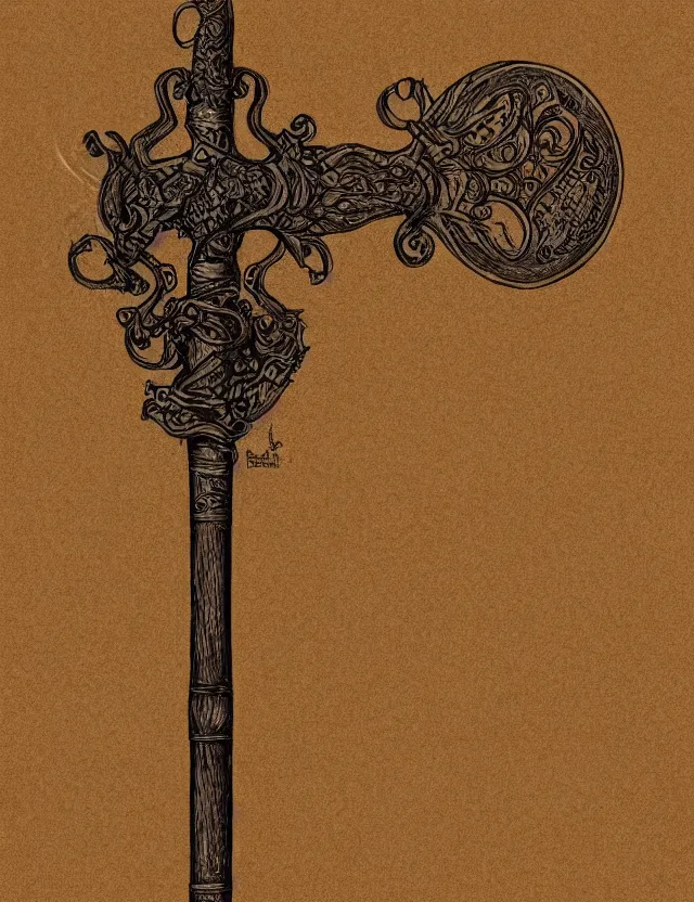 Image similar to an ornate wooden staff, fantasy illustration, medieval era, blank background, studio lighting, hand - drawn digital art, medium shot