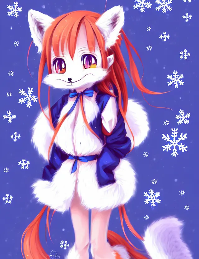 Image similar to a cute anthropomorphic rare type of fox girl anthro wearing indigo ribbons and a fluffy robe, winter park background, very anime!!! kawaii!! furry!! intricate details, aesthetically complementary colors, scenic background, art by rising artists with a radically new style. trending on artstation, top rated on pixiv and furaffinity