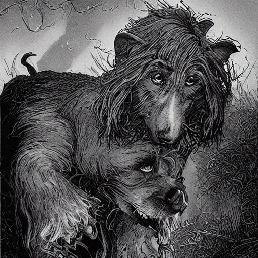 Image similar to the dogs of doom are howling, Michael Whelan, comic art, pen and ink, black and white