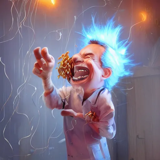 Image similar to a mad scientist in a back yard laughing happily at the spaghetti which is falling from the sky , made by Stanley Artgerm Lau, WLOP, Rossdraws, ArtStation, CGSociety, concept art, cgsociety, octane render, trending on artstation, artstationHD, artstationHQ, unreal engine, 4k, 8k,
