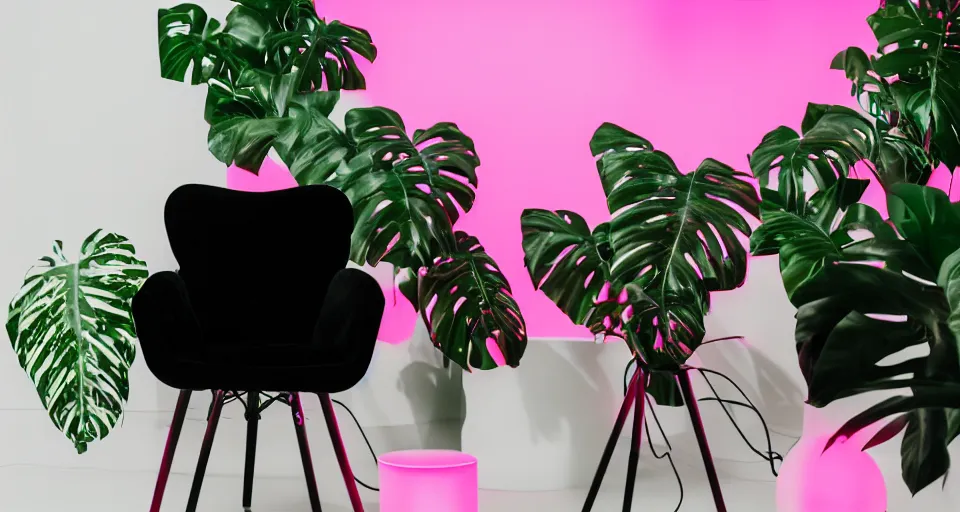 Image similar to Large format landscape of a black buddha sitting on a plastic chair, in a white exhibition space next to a neon pink light and a tropical plant, medium format camera, 85mm f1.8, bokeh, sharp focus, detailed, centered, interior design photoshoot,