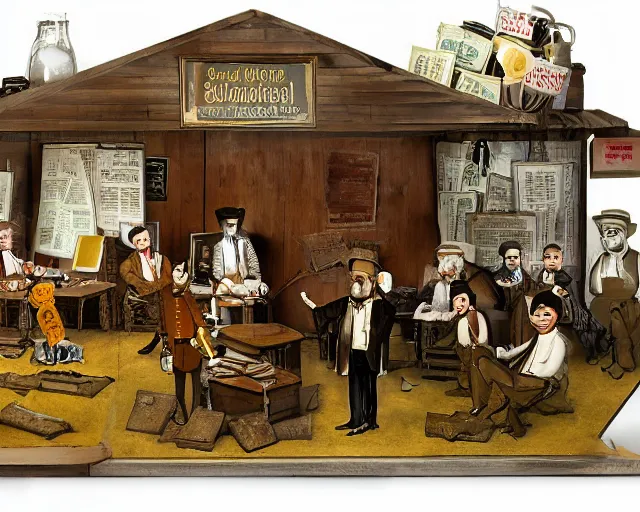 Prompt: diorama of claymation anthropomorphic snake oil salesmen operating the analytical snakeoil engine at the snake oil convention