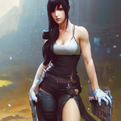 Image similar to a portrait painting of tifa from final fantasy 7, by greg rutkowski, artgerm, wlop, ruan jia, krenz cushart, alphonse mucha, marble, gold, unreal engine 5