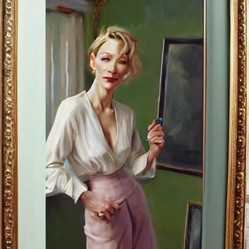 Image similar to cate blanchett in low-cut blouse in front of a mirror, painting by Vladimir Volegov