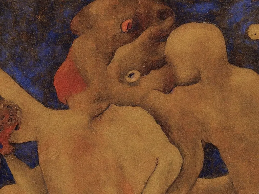 Image similar to Close up of a small devil taking the soul from the chest of a dead man. Painting by Odilon Redon, Piero della Francesca