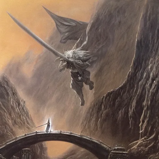 Prompt: gandalf with a sword in his hand on a bridge fighting an enormous balrog from hell, by alan lee, lord of the rings, smooth, detailed terrain, oil painting, matte painting, concept art, trending on artstation