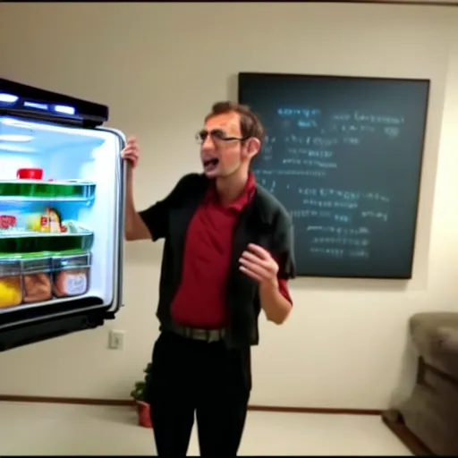 Image similar to photo still from a vlog, a scientist wearing a velociraptor costume, complaining about his samsung refrigerator