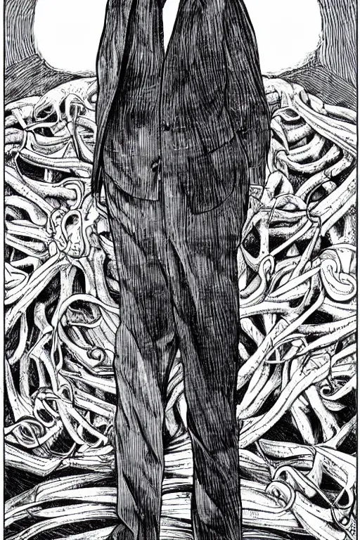 Prompt: George Soros full body portrait, body horror, black and white Illustration by Junji Ito