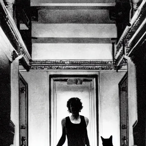 Image similar to detailed still of beautiful Ripley-Sigourney Weaver- wearing a white singlet and cat Jonesy moving apartment New York City 1983, gothic building entrance way Art Deco H.R. Giger, cinematic feel, high octane