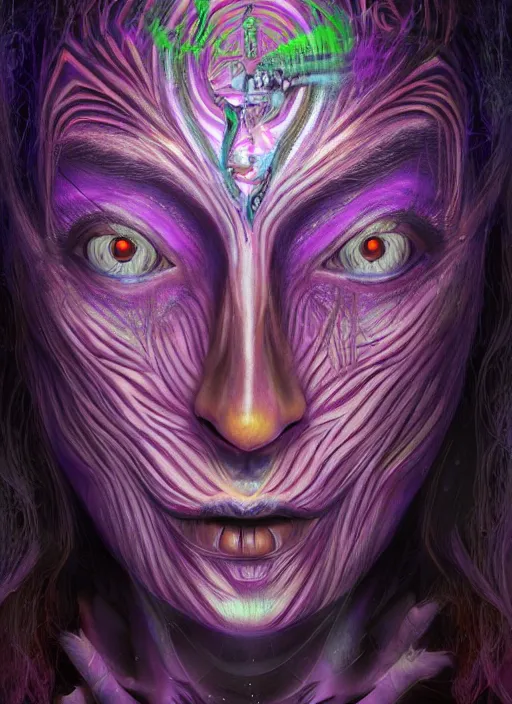 Image similar to tripping magic cult psychic woman, painted face, third eye, energetic consciousness psychedelic, epic surrealism expressionism symbolism, ultra high definition, unreal engine 5, volumetric lighting cinematic ray trace photorealism, symmetrical face, dark myth mythos, by alex grey, masterpiece