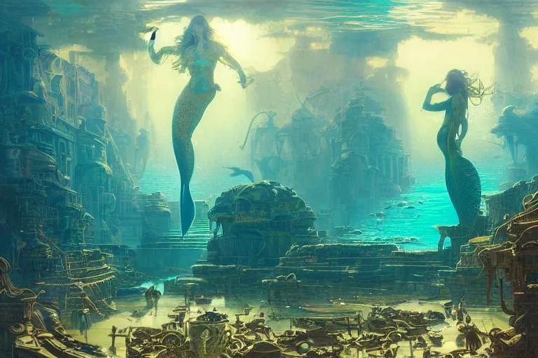 Prompt: a beautiful painting of the lost city of Atlantic city under water, ray of sunlight, mermaids in distance, Greg Rutkowski, Moebius, Mohrbacher, Mucha, blue and gold color scheme