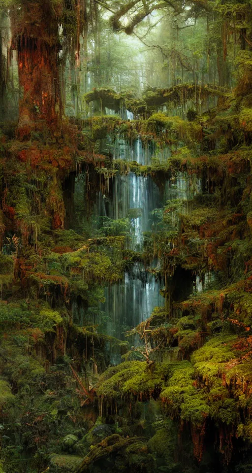 Image similar to ancient forest, moss, waterfall, intricate, vivid colors, brush strokes, elegant, highly detailed, richard schmid, john park, ruan jia, jeffrey catherine jones