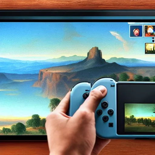 Image similar to the creation of adam fresco painting, holding a nintendo switch