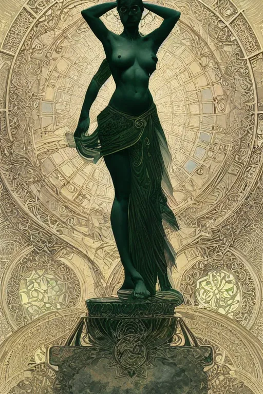 Image similar to no figure!, ultra realistic illustration, a jade statue of sacred geometry, intricate, elegant, highly detailed, digital painting, artstation, concept art, smooth, sharp focus, illustration, art by artgerm and greg rutkowski and alphonse mucha