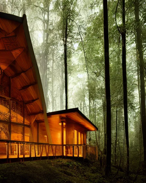 Image similar to an exquisite wooden house in a lush forest, architectural photography, dark and dim lighting, beautiful, tranquil, moody, cinematic, fantasy, 3 5 mm lens, volumetric lighting, first person view, photographic render, hyper realistic