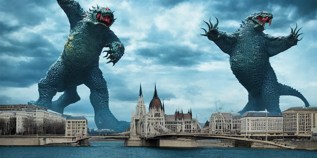 Image similar to kaiju attack in budapest photography realistic, detailed, cinematic