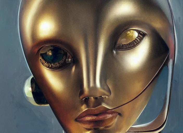 Image similar to a portrait of beautiful woman sci fi metallic human, bright eyes, melancholic complex geometric figure liminal machinery by oskar schlemmer, moebius, john berkey, film grain, oil on canvas, portrait facial head, featured on artstation, hd wallpaper, 8 k