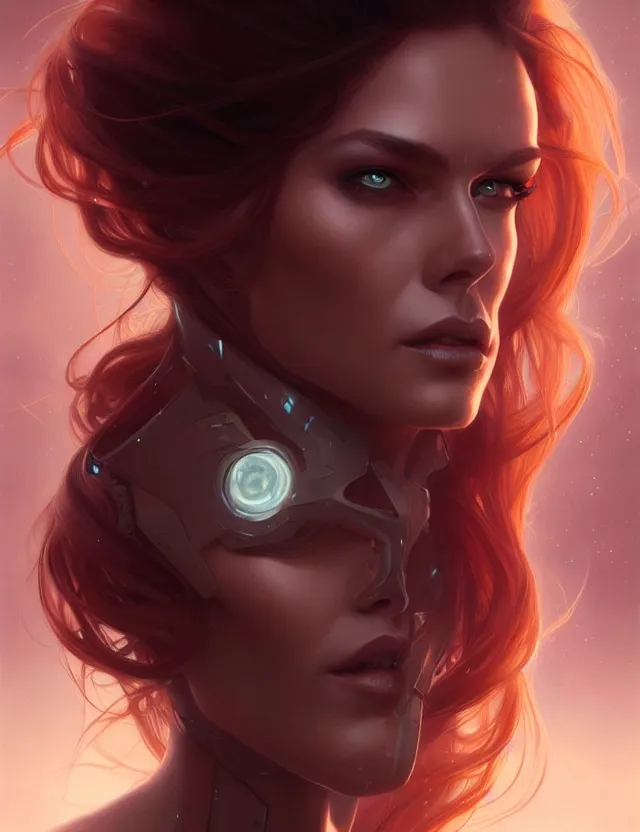 Image similar to futuristic woman portrait, sci-fi, amber eyes, face, long hair, fantasy, intricate, elegant, highly detailed, digital painting, artstation, concept art, smooth, sharp focus, illustration, art by artgerm and greg rutkowski and alphonse mucha