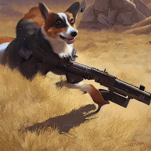 Image similar to a corgi shooting an ak 4 7 geog darrow greg rutkowski