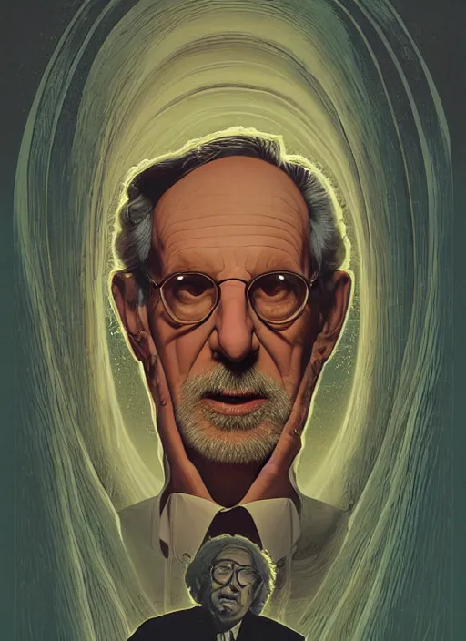 Prompt: poster artwork by Michael Whelan and Tomer Hanuka, Karol Bak of portrait of Steven Spielberg, from scene from Twin Peaks, clean