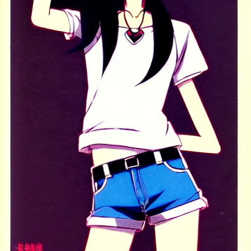 Image similar to attractive elegant sophisticated reservedyoung woman, slim figure, perfect silky straight hair, smooth tan skin, dark circles under bemused eyes, hip emo fashion, tshirt!!, shorts!!, illustrated for newtype magazine!! by akira toriyama!!