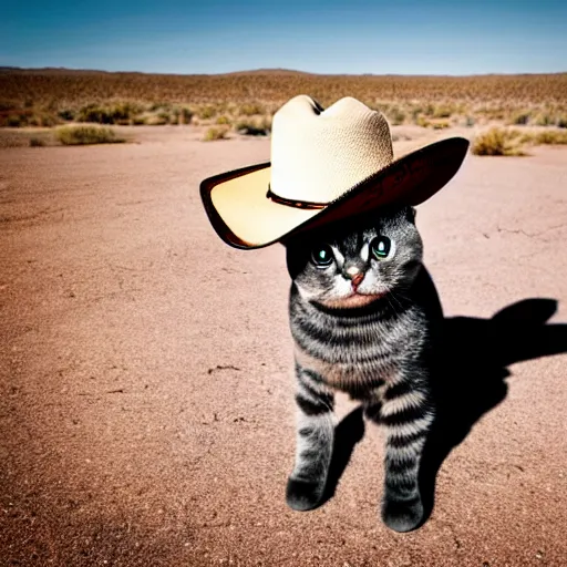 Image similar to a photo of scottish fold cat wearing cowboy hat, posing in the deserted us desert ghost town