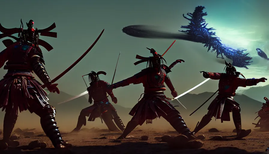 Prompt: samurai warriors fighting aliens on alien planet, hyperdetailed, artstation, cgsociety, 8k