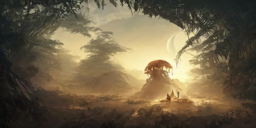 Image similar to jungle in the sands sleeping unbroken dreams under the ivory light of two moons, Darek Zabrocki, Marcin Rubinkowski, Lorenzo Lanfranconi, Karlkka, trending on Artstation, 8K