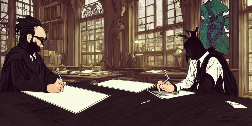 Image similar to a scholarly raven is seen writing at his desk. character sheet, character design, contrast, deep focus, turnaround, highly detailed, dramatic lighting, digital painting, artstation, concept art, matte, sharp focus, illustration, elegant, art by artgerm and greg f and alphonse mucha. photo like 1 9 9 4 public access music video.