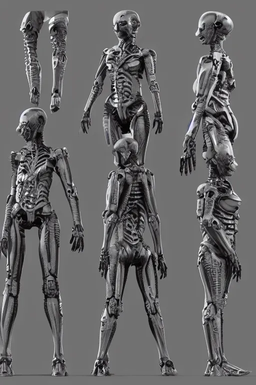 Image similar to cyborg mutant with gunmetal grey skin, medical anatomy, very symmetrical face, highly detailed, japanese mecha implants, three - perspective / three - view reference sheet ( front / back / side ), in the style of dan ouellette, dren from splice, hr giger, sil from species, artstation, unreal engine