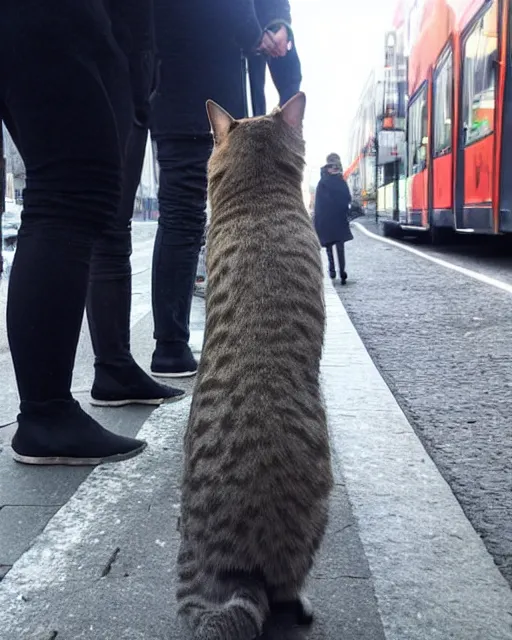 Image similar to cat standing up, cat standing on its hind legs, in line with people at a bus stop in winter copenhagen, as seen on reddit, photograph