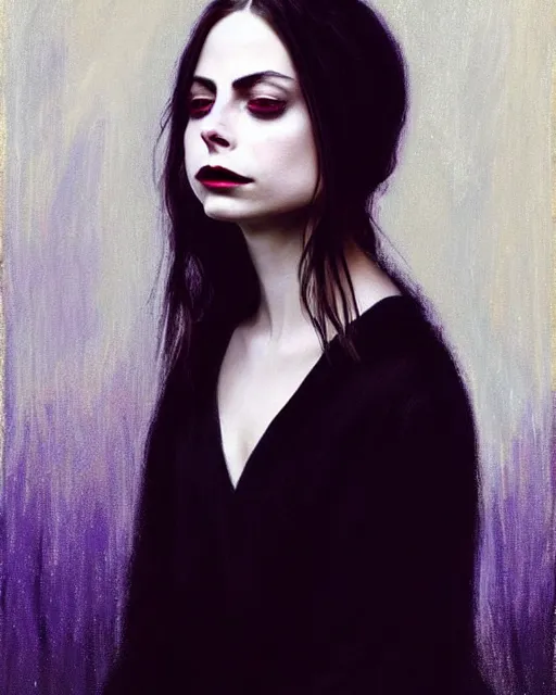 Image similar to style of jeremy lipking : : gorgeous willa holland : : evil witch, swirling black magic, black dress : : symmetrical face, symmetrical eyes : : full body pose : : gorgeous black hair : : magic lighting, low spacial lighting : :