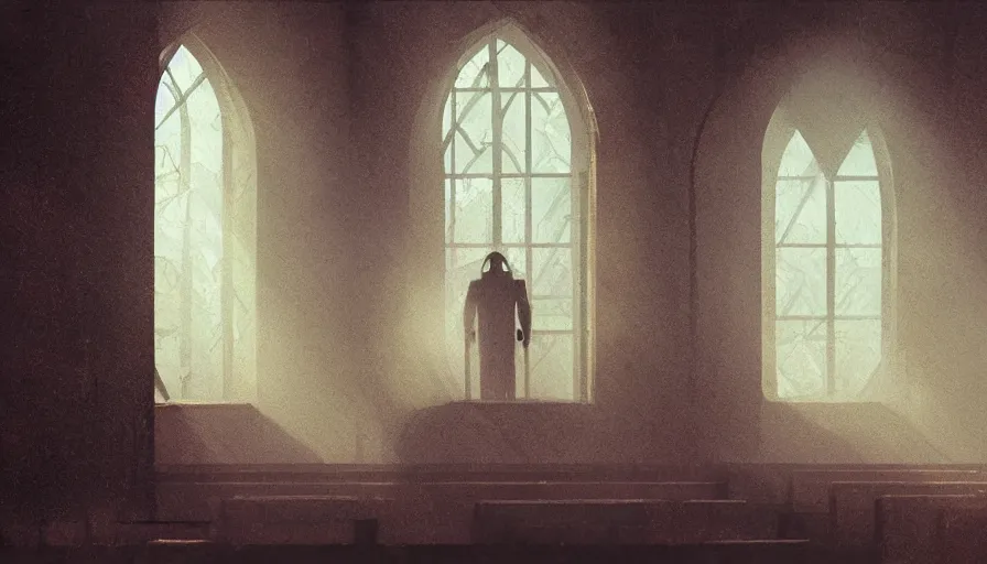 Image similar to portrait of broken humanoid metal robot praying in empty church, sunshine through window, bladerunner, digital illustration, artstation, cinematic composition