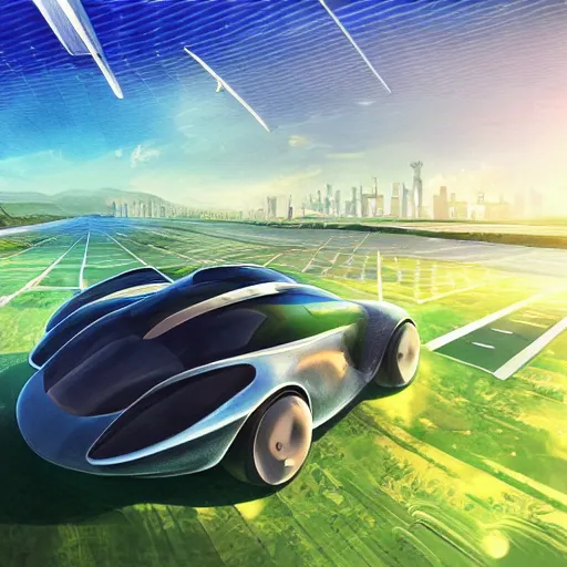 Image similar to solarpunk hovercar, clean energy, green technology, batoidea shape, highway, sunny day, futurism, intricate, engines, glow, highly detailed, peaceful, utopia, bright, digital painting, artstation, concept art, smooth, sharp focus, epic landscape, art by akihiko yoshida and tim mcburnie and anato finnstark