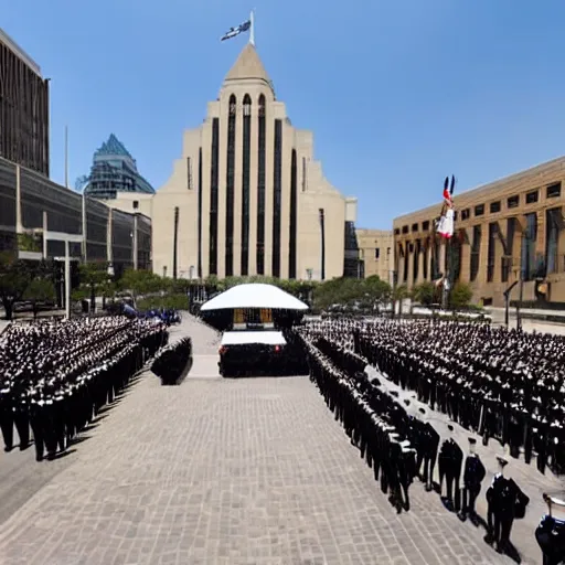 Prompt: army march in infinitia square in front of infinian de gowyernmentıa in government center during mother's day, anime