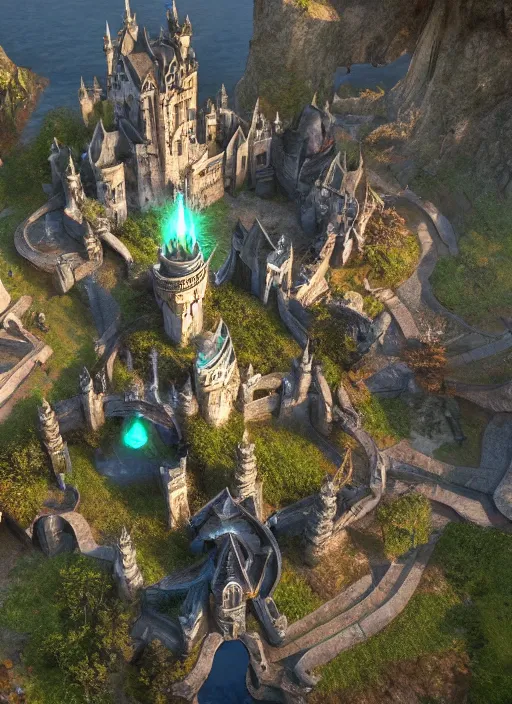 Image similar to bird point of view of castle, ultra detailed fantasy, elden ring, realistic, dnd, rpg, lotr game design fanart by concept art, behance hd, artstation, deviantart, global illumination radiating a glowing aura global illumination ray tracing hdr render in unreal engine 5