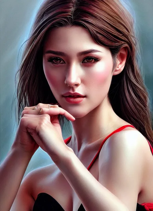 Image similar to photo of a gorgeous young woman in the style of stefan kostic, realistic, sharp focus, 8 k high definition, insanely detailed, intricate, elegant, art by stanley lau and artgerm